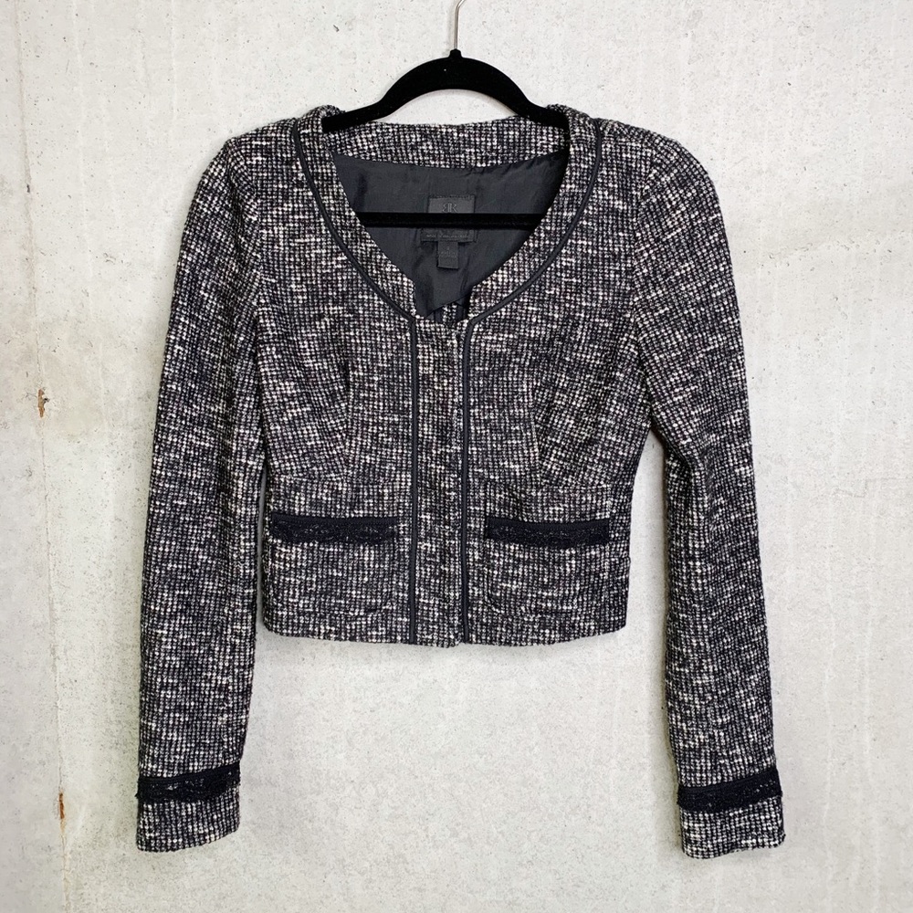 BR black white tweed cropped blazer 0